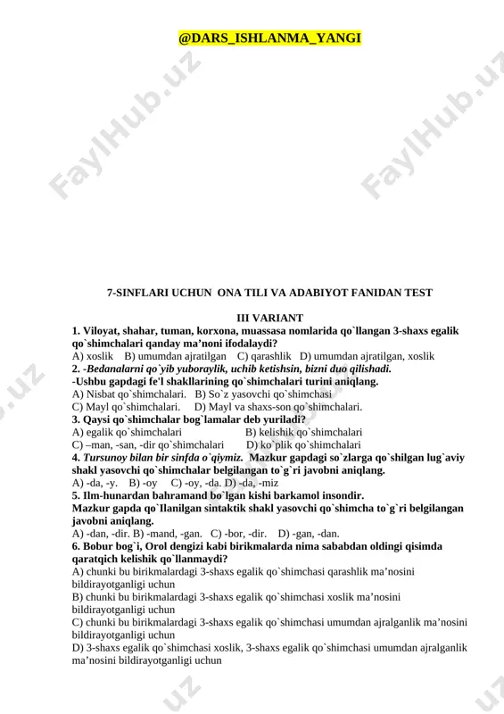 i so`rab yuruvchi obrazni belgilang. a) bir qo`li mayib ota b) yashil shabada c) bola d) quyosh 13. ravshan zulxumorni izlab shirvon o’lkasiga yo’l oldi. u mingan tulpor otning ismi nima edi? a) g’irko’k b) boychibor c) ko’kdo’nan d) g’irot 14. «kichkina shaxzoda» asarida kichkina shahzoda nima uchun yer yuzini tark etdi ? a) yer yuzidagi ko’plab odamlarda ezgulikning qolmaganligi sababli b) o’ylaganlarini amalga oshira olmaganligi sababli c) unga berilgan muddat nihoyasiga yetganligi sababli d) yurtini sog’inganligi sababli 15. usmon nosirning “yo`lchi” she’ridagi lirik qahramon nima uchun qora rangli otda yo`lga chiqadi? a) jang va sinovlarga otlangani uchun b) mushkulliklarni yengish uchun c) bu dunyodan ketayotgani uchun d) xayoliy uydirmalar 16. “ oydinda yurgan odamlar” asarining qahramonlari qaysi qatorda to`g`ri ko`rsatilgan? a) qoplonbek va oymomo b ) ziyodullo va gulshan c) abror va adiba d) qurbonboy va xolida 17. "avlodlar dovoni" da hind eli yomg’ir faslida sayohatga chiqmasligi aytilgan. mana …