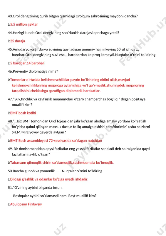 astu (2300 yil avval) 60.baxtiyor bo’lish uchun inson axloqli bo’lish lozim. “baxtiyorlik ichimizdadir” deb kim qaysi asarida yozgan? j: arastu (“axloq” asaridan) 61.inson vujudi o’rmonga o’xshaydi. vujudimizda minglab bo’rilar, to’ng’izlar…., yaxshi-yomon, halol-harom sifatlar bor. ularning qaysi biri ustun bo’lsa, inson shuning qulidir. ushbu fikrni kim bildirgan? j:jaloliddin rumiy 62. tanga tarkibida oltin misdan ko’proq bo’lsa, bu tanga oltin hisoblanadi. vujudingda ham shunday – qaysi tabiat ustun bo’lsa, sen shungs aylanasan. inson ba’zan bo’ri bo’lsa ba’zi lahzalarda yusufdek xushsurat va xushxulq bo’ladi. ko’ngilda har lahza boshqa bir tuyg’u bosh ko’taradi… ushbu fikrlar qaysi asardan olingan? j: jaloliddin rumiy (masnaviy ma’naviy) 63. qaysi xitoylik donishmand butun umr qo’llanma bo’la oladigan : “ o’zingga ravo ko’rmaganni boshqaga ham ravo ko’rma”, deb maslahat bergan? j: konfutsiy 64. qayerda ommaviy bir qabriston bo’lib, u yerda 101 nafar o’zbek askarlari dafn qilingan? j: niderlandiyaning amersfort shahridagi lyozdin qabristonida 65. qaysi dinda o’z joniga qasd qilish insonning …