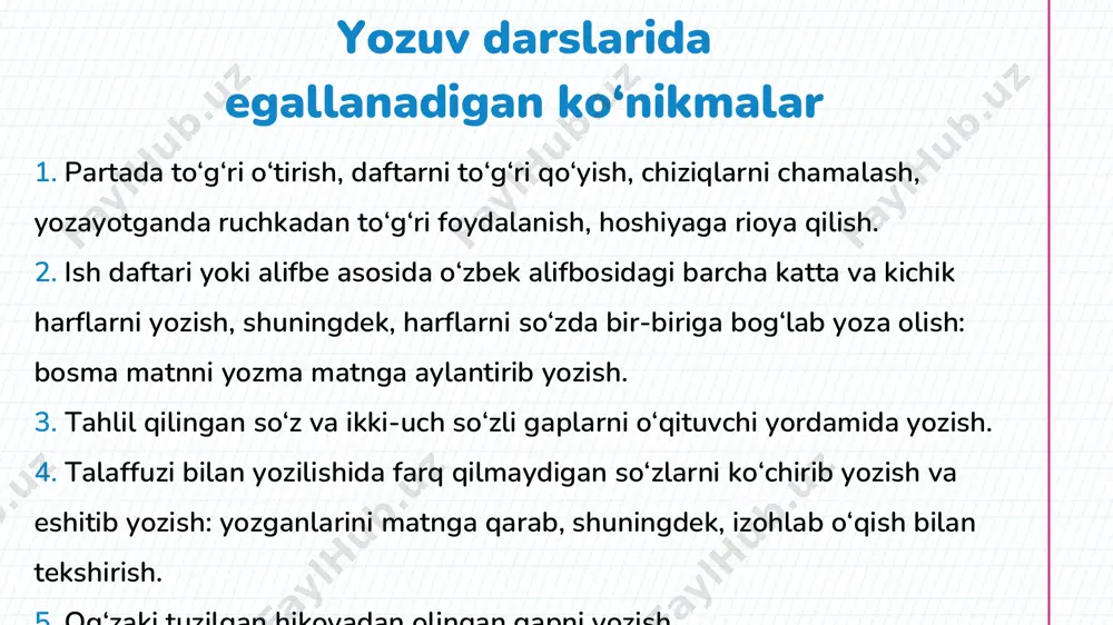 usullarni qo‘l mayda matorikasini rivojlantiruvchi mashqlar.� miya ikki yarim sharlarini faollashtiruvchi mashqlar nuqtalarni birlashtirib tasvirni hosil qilish mashqlari� jadval bilan ishlash mashqlari.� mantiqiy fikrlashga undovchi mashqlar.� ijodkorlikni rivojlanturuvchi mashqlar.� nutqni rivojlantirishga qaratilgan mashqlar.� mustaqil bajarish uchun mashqlar.� kim? savod o‘rgatish davri “yozuv” darslari uchun yillik taqvim reja 6-mavzu: bosh va kichik t t harfi bilan tanishtirish maqsad: kirish qismi (5 daqiqa) ii. asosiy qism (40 daqiqa) 1. amaliy topshiriq bajarish: (3 daqiqa) mavzuni tushuntirish (5 daqiqa) slayd nomer 23 slayd nomer 24 slayd nomer 25