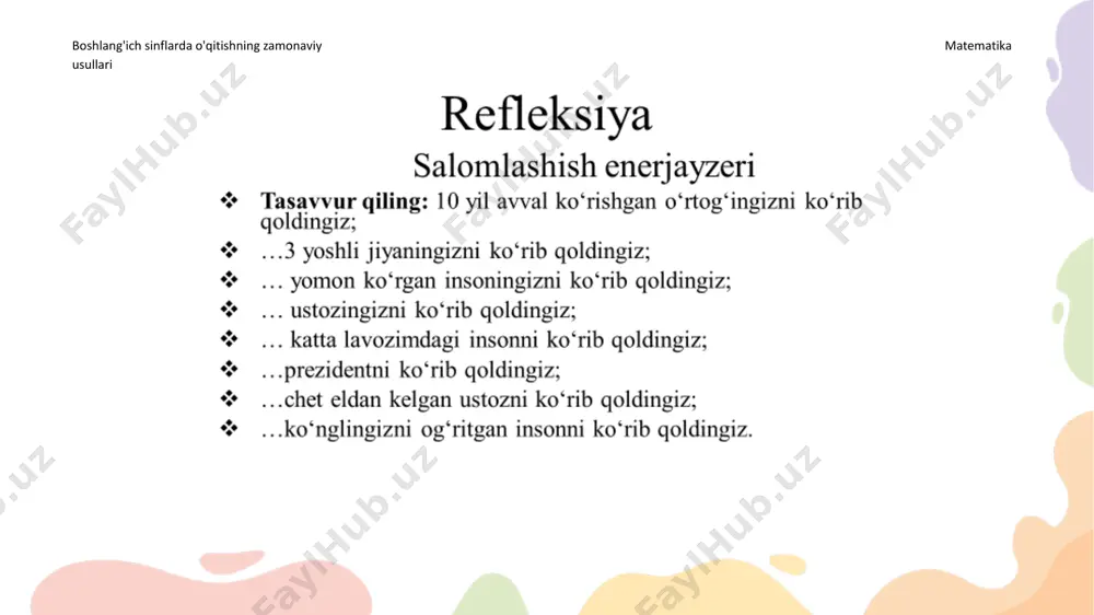aridan foydalanish;  har bir bolaning shaxsiyatini hurmat qilish. slayd nomer 1 boshlang'ich sinflarda o'qitishning �zamonaviy usullari umumiy o‘rta ta’lim sifatini yangi bosqichga ko‘tarish kerak. har bir sinfda bolalarning nimalarni bilishi zarurligidan kelib chiqib, davlat ta’lim standartlari va o‘quv rejalarini qayta ko‘rib chiqish lozim. darsliklarni eng zamonaviy metodikalar asosida yaratish va chop etish talab etiladi. ��sh. m. mirziyoyev slayd nomer 4 slayd nomer 5 slayd nomer 6 slayd nomer 7 slayd nomer 8 slayd nomer 9 slayd nomer 10 slayd nomer 11 slayd nomer 12 slayd nomer 13 slayd nomer 14 slayd nomer 15 slayd nomer 16 slayd nomer 17 slayd nomer 18 slayd nomer 19 slayd nomer 20 slayd nomer 21 slayd nomer 22 slayd nomer 23 slayd nomer 24 slayd nomer 25 slayd nomer 26
