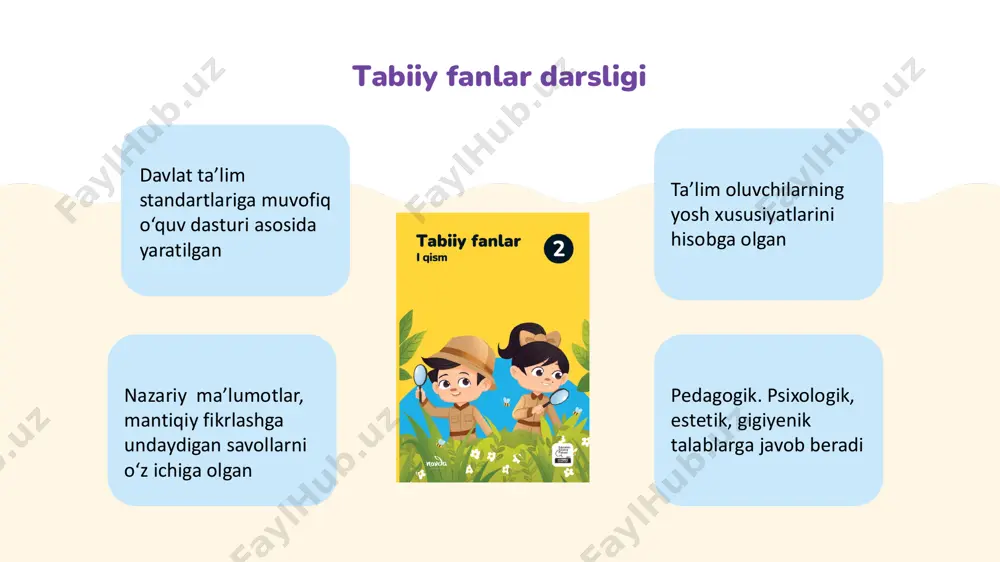 h metodikasi fanlarni o‘zaro bog‘lab, olamda sodir bo‘layotgan turli hodisa va jarayonlar haqidagi tushunchalarni kichik maktab yoshidan anglashda “tabiiy fanlar” darsligi o‘quvchiga katta yordam beradi. slayd nomer 3 slayd nomer 4 tabiiy fanlar darsligi slayd nomer 6 slayd nomer 7 slayd nomer 8 slayd nomer 9 slayd nomer 10 slayd nomer 11 slayd nomer 12 slayd nomer 13 slayd nomer 14 slayd nomer 15 slayd nomer 16 slayd nomer 17 slayd nomer 18 slayd nomer 19 slayd nomer 20