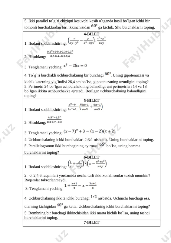 qo`shni bo`lmagan ichki burchagini toping? 5.tomonlari 8 m va 18 m bo`lgan to`g`ri to`rtburchakka tengdosh kvadratning perimetrini toping. 13-bilet 1. ifodani soddalashtiring: [image: image109.png] 2. hisoblang: [image: image111.png] 3. tenglamani yeching:[image: image113.png] 4. uchburchakning 108[image: image115.png]li tashqi burchagiga qo`shni bo`lmagan ichki burchaklarning nisbati 5:4 kabi. shu ichki burchaklarning kichigini toping? 5.parallelogramm ikkita burchagining yig`indisi 142[image: image117.png] bo`lsa, paralelogramm burchaklarini toping? 14-bilet 1. ifodani soddalashtiring: [image: image119.png] 2. tenglamani yeching:[image: image121.png] 3. 5ta fandan iborat bo’lgan bir kunlik 5 soatli jadvalni necha xil usul bilan tuzish mumkin? 4. tomonlarining ayirmasi 7 sm bo`lgan parallelogrammning perimetri 48 sm. uning tomonlari uzunligini toping. 5. [image: image123.png] uchburchakning [image: image125.png]uchidagi tashqi burchagi 120[image: image127.png] , [image: image129.png] uchidagi ichki burchagi 80[image: image131.png] bo`lsa, [image: image133.png] uchidagi tashqi burchagini toping? 15-bilet 1. ifodani soddalashtiring: [image: image135.png] 2. hisoblang: [image: image137.png] 3. tenglamani yeching: [image: image139.png] 4. ikki to`g`ri chiziqning kesishidan hosil bo`lgan burchaklar 7 va …