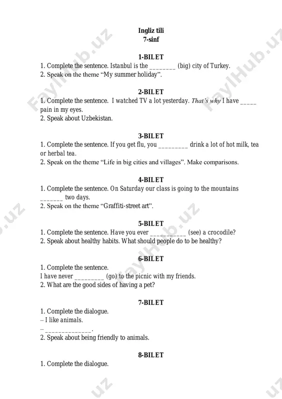 sh weddings. compare. 29-bilet 1. complete the dialogue. – what ________ you do tomorrow? – i ________ clean my room. 2. describe your dream house. 30-bilet 1. complete the sentence with the correct preposition. this clothing style is popular ________ a lot of people in the world. 2. speak on the theme “my future profession”.