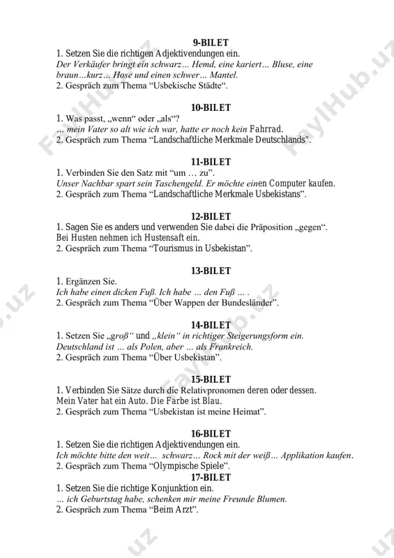 on ein. … du eiskunstlauf lernen willst, darfst du keine angst vor einem sturz aufs harte eis haben. 2. gespräch zum thema “verkehrsmittel”. 28-bilet 1. was passt nicht zusammen? sich krank fühlen – sich schlecht fühlen – sich unwohl fühlen – sich gesund fühlen. 2. gespräch zum thema “planung einer reise”. 29-bilet 1. setzen sie die reflexivpronomen ein. über geschmack lässt … nicht streiten! 2. gespräch zum thema “meine lieblingssportart”. 30-bilet 1. beenden sie den satz. wenn es regnet, trage ich … . 2. gespräch zum thema “sport hält fit!”.