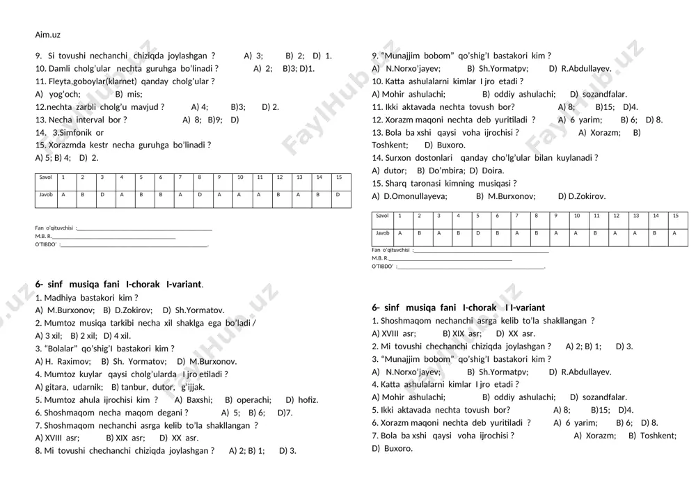 ________________ m.b. r.___________________________________________ o’tibdo’ :___________________________________________________. 5- sinf musiqa iv-chorak i-variant 1. si tovushi nechanchi chiziqda joylashgan ? a) 3; b) 2; d) 1. 2. damli cholg’ular nechta guruhga bo’linadi ? a) 2; b)3; d)1. 3. fleyta,goboylar(klarnet) qanday cholg’ular ? a) yog’och; b) mis; 4.nechta zarbli cholg’u mavjud ? a) 4; b)3; d) 2. 5. necha interval bor ? a) 8; b)9; d) 6. 3.simfonik or 7. xorazmda kestr necha guruhga bo’linadi ? a) 5; b) 4; d) 2. 8. “oltin kuz” qo’shig’i bastakori kim ? a) a. mansurov; b) m.burxon; d) sh. yormatov. 9. piano qanday belgi? a) alt-siya; b) dinamik; d) cho’zuvchi. 10. tersiya nechanchi interval ? a) 1; b)2; d)3. 11. septima nechanchi interval ? a) 7; b)8; d)9. 12. “sumalak” qo’shig’i muallifi kim ? a) a.mansurov; b) sh. yormatov. d) d.zokirov. 13. musiqada nechta hissa bor ? a) 4; b) 2; d) 3. 14. musiqali komediya qanday …