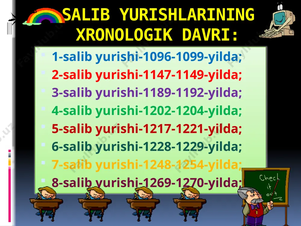 . kunlardan birida nikeyaliklar harbiy bo‘linmasi lotinlarni “qo'rqitish” uchun konstantinopolga keladi. ayni paytda lotinlar qo‘shini nikeyaliklarga qarshi dengizdan hujum qilishga ketgan va shaharni himoyasiz qoldirgan edilar. konstantinopol yunonlari nikeyaliklar qo'shini yaqinlashganini eshitib, ularga shahar darvozasini ochib beradilar. ularning yordami bilan nikeyaliklar shaharga kirib, poytaxtni osongina egallaydilar. tez orada ortga qaytgan lotinlar shaharni qo'ldan ketganiga guvoh bo'ladilar. nikeyaliklar bilan jangda mag'lubiyatga uchragan lotinlarga kemalarga o'tirib, yevropaga qaytishdan boshqa chora qolmaydi. nikeya imperatori mixail viii paleolog 1261-yiining 15-avgustida konstantinopolga tantanali kirib keladi. shu tariqa vizantiya imperiyasi tugallanadi. endi vizantiya dunyoning qudratli mamlakatidan unchalik katta bo'lmagan yunon davlatiga aylanadi. salib yurishlarining tugashi va oqibatlari. xiii asrda tashkil qilingan qator salib yurishlari yaqin sharqdagi vaziyatni o'zgartira olmaydi. fransiya qiroli lyudovik ix ning 1269 —1270-yillardagi sakkizinchi salib yurishlari so'nggi salib yurishlari bo'ladi. ko‘p o‘tmay salibchilarning sharqdagi mulklari birin-ketin musulmonlar qo'liga qaytadi. salib yurishlari to'xtatilishining asosiy sababi xiii asrning oxiridan g'arbiy yevropa mamlakatlarida boshlangan o'zgarishlar bo'ladi. …