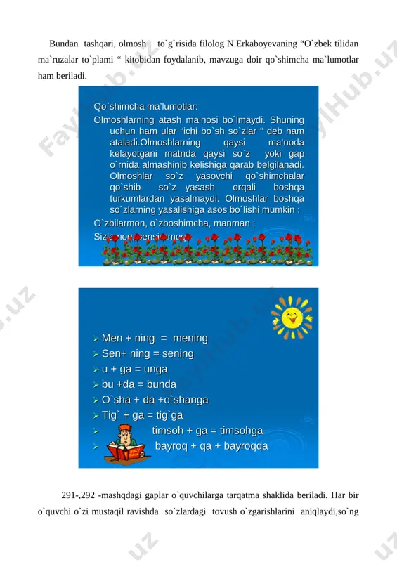 roqqa image1.gif image2.gif 3-manzil 289- mashq belingni bog`la, g`ayrat bir-la mehnatga muhabbat qil,o`zingni , mehnatingni o`zga yalqovlarga ibrat qil. 2. o`zgalar g`amini chekmasa odam , unga noloyiqdir inson degan nom. 3. xudbinlik o`z-o`zini qatl qilishdir. u yakka, mevasiz daraxtga o`xshab qurib ketadi. 4. agar sen havoni to`yib-to`yib shimiray desang, tongda derazangni kengroq och! image1.gif image2.gif