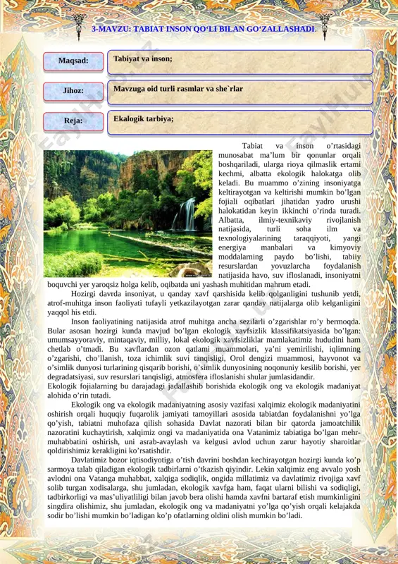 bo’lgan fojiali oqibatlari jihatidan yadro urushi halokatidan keyin ikkinchi o’rinda turadi. albatta, ilmiy-texnikaviy rivojlanish natijasida, turli soha ilm va texnologiyalarining taraqqiyoti, yangi energiya manbalari va kimyoviy moddalarning paydo bo’lishi, tabiiy resurslardan yovuzlarcha foydalanish natijasida havo, suv ifloslanadi, insoniyatni boquvchi yer yaroqsiz holga kelib, oqibatda uni yashash muhitidan mahrum etadi. hozirgi davrda insoniyat, u qanday xavf qarshisida kelib qolganligini tushunib yetdi, atrof-muhitga inson faoliyati tufayli yetkazilayotgan zarar qanday natijalarga olib kelganligini yaqqol his etdi. inson faoliyatining natijasida atrof muhitga ancha sezilarli o’zgarishlar ro’y bermoqda. bular asosan hozirgi kunda mavjud bo’lgan ekologik xavfsizlik klassifikatsiyasida bo’lgan: umumsayyoraviy, mintaqaviy, milliy, lokal ekologik xavfsizliklar mamlakatimiz hududini ham chetlab o’tmadi. bu xavflardan ozon qatlami muammolari, ya’ni yemirilishi, iqlimning o’zgarishi, cho’llanish, toza ichimlik suvi tanqisligi, orol dengizi muammosi, hayvonot va o’simlik dunyosi turlarining qisqarib borishi, o’simlik dunyosining noqonuniy kesilib borishi, yer degradatsiyasi, suv resurslari tanqisligi, atmosfera ifloslanishi shular jumlasidandir. ekologik fojialarning bu darajadagi jadallashib borishida ekologik ong …