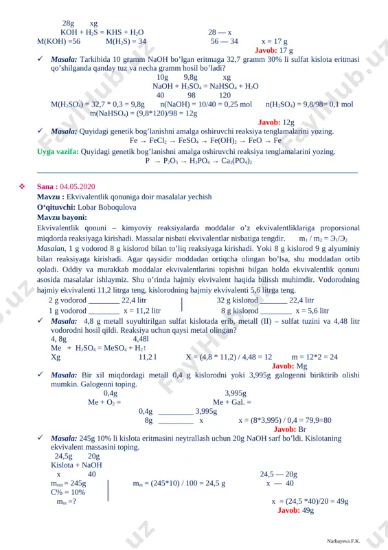 mi nomi + (metall atomi valentligi rim raqamida) + [-chiziqcha] + kislota qoldig‘i nomi». 2. nordon tuzlar uchun nomlash usullarini ko‘rib chiqamiz.tuzlarning nomi o‘zgarmas valentli metallar uchun o‘rta tuz nomi o‘rtasiga «gidro» so‘zi qo‘shilib, «metall atomi nomi + gidro +kislota qoldig‘i nomi» shaklida yasaladi. agar metall atomi o‘zgaruvchan valentli bo‘lsa va bir necha xil tuzlar hosil qilsa, metall atomi nomidan so‘ng uning valentligi qavs ichida rim raqami bilan ko‘rsatiladi va qavsdan keyin chiziqcha qo‘yiladi hamda «gidro» so‘zi va kislota qoldig‘i nomi yoziladi: «metall atomi nomi + (metall atomi valentligi rim raqamida) + [-chiziqcha] + gidro + kislota qoldig 'i nomi». 3. asosli tuzlar uchun nomlash usullarini ko‘rib chiqamiz.tuzlarning nomi o‘zgarmas valentli metallar uchun o‘rta tuz nomi o‘rtasiga «gidrokso» so‘zi qo‘shilib, «metall atomi nomi + gidrokso +kislota qoldig‘i nomi» shaklida yasaladi. uyga vazifa: 125-126-betdagi mavzuni o’qish, savollarga javob yozish __________________________________________________________________________________ · sana : 27.04.2020 mavzu : 7 – nazorat ish o‘qituvchi: …