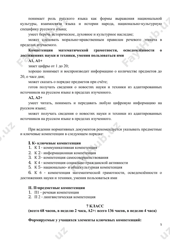 redelax izuchennogo. pri vedenii normativnix dokumentov rekomenduetsya ukazivat predmetnie i klyuchevie kompetentsii v sleduyushem poryadke: i. k- klyuchevie kompetentsii 1. k 1 - kommunikativnaya kompetentsiya 2. k 2 - informatsionnaya kompetentsiya 3. k 3 - kompetentsiya samosovershenstvovaniya 4. k 4 - kompetentsiya sotsialno-grajdanskoy aktivnosti 5. k 5 - natsionalno- i obshekulturnaya kompetentsiya 6. k 6 - kompetentsiya matematicheskoy gramotnosti, osvedomlyonnosti o dostijeniyax nauki i texniki, umeniya polzovatsya imi ii. p-predmetnie kompetentsii 1. p1 - rechevaya kompetentsiya 2. p 2 - lingvisticheskaya kompetentsiya 7 klass (vsego 68 chasov, v nedelyu 2 chasa, a2+: vsego 136 chasov, v nedelyu 4 chasa) formiruemie u uchashixsya elementi klyuchevix kompetentsiy: 6 kommunikativnaya kompetentsiya a2 umeet chetko i yasno virajat svoi misli v ustnoy i pismennoy forme, sostavlyaya monologicheskie viskazivaniya po soderjaniyu prochitannogo teksta s nebolshimi izmeneniyami (pereskaz s zamenoy litsa, vremeni i t.p.); ponimaet rech uchitelya ili drugogo sobesednika v ob'yome izuchennix tem; ponimaet proslushanniy …