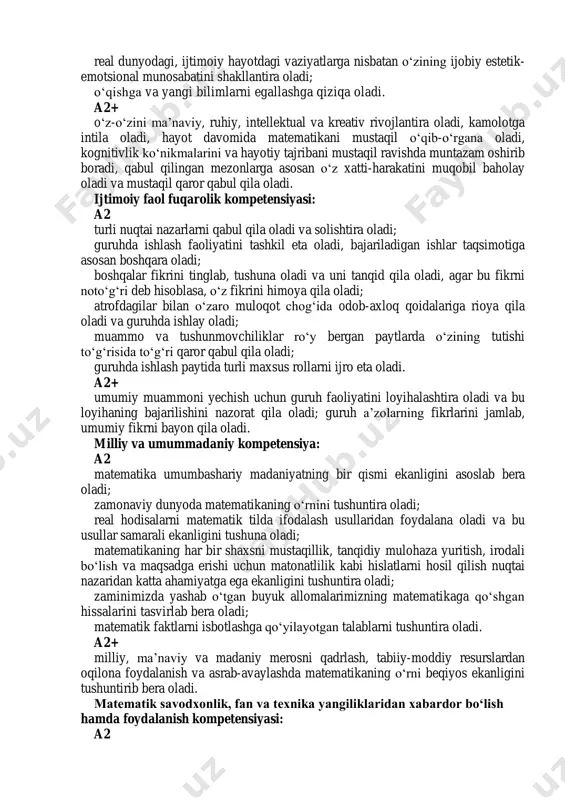 ingan mezonlarga asosan o‘z faoliyati samarasiga baho bera oladi, ko‘zlagan maqsadga intila oladi; hususiy misollar va kuzatishlar tahlili asosida obyektlar va jarayonlar umumiy hossalarini va qonuniyatlarini topa oladi, gipotezalarni taklif eta oladi va uni tekshirish zarurligini tushuna oladi; mavjud bilim va ko‘nikmalarni yangi, nostandart vaziyatga qo‘llay oladi; real dunyodagi, ijtimoiy hayotdagi vaziyatlarga nisbatan o‘zining ijobiy estetik- emotsional munosabatini shakllantira oladi; o‘qishga va yangi bilimlarni egallashga qiziqa oladi. a2+ o‘z-o‘zini ma’naviy, ruhiy, intellektual va kreativ rivojlantira oladi, kamolotga intila oladi, hayot davomida matematikani mustaqil o‘qib-o‘rgana oladi, kognitivlik ko‘nikmalarini va hayotiy tajribani mustaqil ravishda muntazam oshirib boradi, qabul qilingan mezonlarga asosan o‘z xatti-harakatini muqobil baholay oladi va mustaqil qaror qabul qila oladi. ijtimoiy faol fuqarolik kompetensiyasi: a2 turli nuqtai nazarlarni qabul qila oladi va solishtira oladi; guruhda ishlash faoliyatini tashkil eta oladi, bajariladigan ishlar taqsimotiga asosan boshqara oladi; boshqalar fikrini tinglab, tushuna oladi va uni tanqid qila oladi, agar bu fikrni noto‘g‘ri …