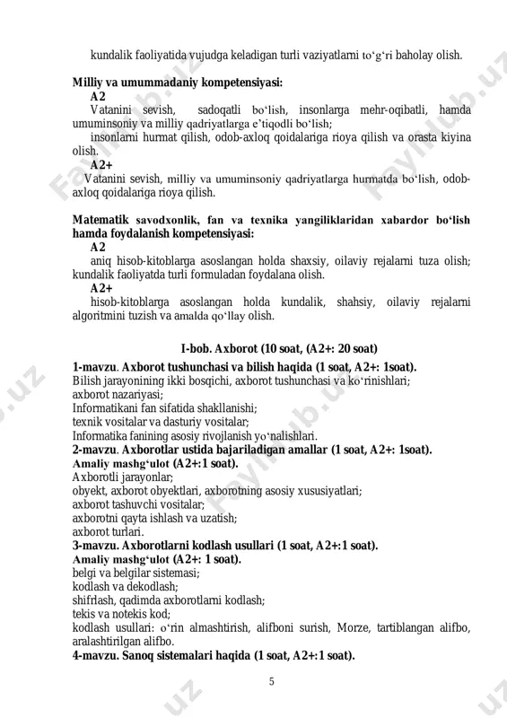 +: 1soat). bilish jarayonining ikki bosqichi, axborot tushunchasi va ko‘rinishlari; axborot nazariyasi; informatikani fan sifatida shakllanishi; texnik vositalar va dasturiy vositalar; informatika fanining asosiy rivojlanish yo‘nalishlari. 2-mavzu. axborotlar ustida bajariladigan amallar (1 soat, a2+: 1soat). amaliy mashg‘ulot (a2+:1 soat). axborotli jarayonlar; obyekt, axborot obyektlari, axborotning asosiy xususiyatlari; axborot tashuvchi vositalar; axborotni qayta ishlash va uzatish; axborot turlari. 3-mavzu. axborotlarni kodlash usullari (1 soat, a2+:1 soat). amaliy mashg‘ulot (a2+: 1 soat). belgi va belgilar sistemasi; kodlash va dekodlash; shifrlash, qadimda axborotlarni kodlash; tekis va notekis kod; kodlash usullari: o‘rin almashtirish, alifboni surish, morze, tartiblangan alifbo, aralashtirilgan alifbo. 4-mavzu. sanoq sistemalari haqida (1 soat, a2+:1 soat). 6 amaliy mashg‘ulot (a2+:1 soat). tarixiy ma’lumotlar, sanoq sistemalari turlari, sanoq sistemasi asosi, raqam va son tushunchalari; pozitsiyali va pozitsiyali bo‘lmagan sanoq sistemalari; pozitsiyali sanoq sistemasida sonning ixcham va yoyiq ko‘rinishi; al-xorazmiy haqida qisqacha ma’lumot; diada, triada, tetrada haqida tushuncha. 5-6-mavzu. ikkilik sanoq sistemasida amallar bajarish. …
