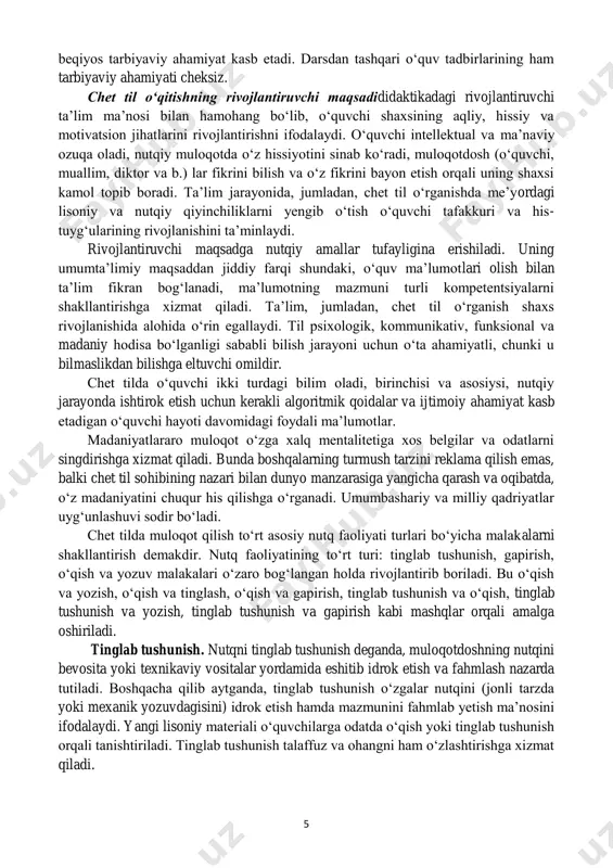 tti- harakatlarini sharhlay olish, audiomatn va grafik matnlardan olinadigan axborotlar 5 beqiyos tarbiyaviy ahamiyat kasb etadi. darsdan tashqari o‘quv tadbirlarining ham tarbiyaviy ahamiyati cheksiz. chet til o‘qitishning rivojlantiruvchi maqsadididaktikadagi rivojlantiruvchi ta’lim ma’nosi bilan hamohang bo‘lib, o‘quvchi shaxsining aqliy, hissiy va motivatsion jihatlarini rivojlantirishni ifodalaydi. o‘quvchi intellektual va ma’naviy ozuqa oladi, nutqiy muloqotda o‘z hissiyotini sinab ko‘radi, muloqotdosh (o‘quvchi, muallim, diktor va b.) lar fikrini bilish va o‘z fikrini bayon etish orqali uning shaxsi kamol topib boradi. ta’lim jarayonida, jumladan, chet til o‘rganishda me’yordagi lisoniy va nutqiy qiyinchiliklarni yengib o‘tish o‘quvchi tafakkuri va his- tuyg‘ularining rivojlanishini ta’minlaydi. rivojlantiruvchi maqsadga nutqiy amallar tufayligina erishiladi. uning umumta’limiy maqsaddan jiddiy farqi shundaki, o‘quv ma’lumotlari olish bilan ta’lim fikran bog‘lanadi, ma’lumotning mazmuni turli kompetentsiyalarni shakllantirishga xizmat qiladi. ta’lim, jumladan, chet til o‘rganish shaxs rivojlanishida alohida o‘rin egallaydi. til psixologik, kommunikativ, funksional va madaniy hodisa bo‘lganligi sababli bilish jarayoni uchun o‘ta ahamiyatli, chunki u bilmaslikdan bilishga …