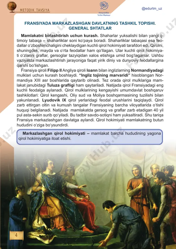 k urushning boshlanishi va uning dastlabki davri. fransiyada mutlaq monarxiya yuz yillik urush va uning sabablari. angliya va fransiya o‘rtasida xiv asr ning 30-yillarida boshlangan urushlar tanaffuslar bilan yuz yildan ortiq davom etib, tarixda “yuz yillik urush” nomini (1337–1453) olgan. filipp iv ning o‘limidan so‘ng taxtga da’vogar erkak zurriyot qolmaydi. x asrdan buyon davom etayotgan kapetinglar vorisi deb valualar oilasi tan olinadi. ammo inglizlar qiroli eduard iii, filipp iv ning qizidan nabirasi, o‘zini har qanday valualardan taxtga haqliroq deb e’lon qiladi. vorislik haqidagi bahs qurol yordamida yechila boshlanadi. fran- siya qiroli 1337-yilda inglizlarning mamlakatning janubidagi akvitaniya yerlarini o‘z tasarrufiga olganini e’lon qiladi. bunga javoban eduard iii fransiyaga qarshi urush boshlaydi. urushning borishi. angliya va fransiya urushi tez orada umumyevropa mo- jarosiga aylanadi. yevropaning barcha hududlaridan ritsarlar kelib yo inglizlar, yo fransuzlar xizmatiga o‘ta boshlaydilar. inglizlar fransiya dengiz flotini 1340-yilda yengib, quruqlikda hujumga o‘tadilar. dastlabki yirik jang 1346-yilda kresi yaqini da …