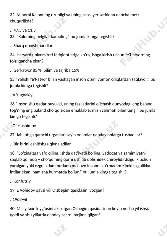 ortiq odam giyohvandlikdan ko’z yumadi? j:200 ming 50. “hayot daftarining har sahifasi 2 betdan iborar. unda haqiqat va razolat, ma’rifat va jaholat, jo’shqinlik va tushkunlik, do’stlik va dushmanlik, yorug’lik va qorong’ulik, samimiyat va munofiqlik, xolislik va riyokorlik singari kundalik turmushning tashvishu sinovlari, baxt-u quvonchlari bitilgan.ularni munosib yengib o’tishda odamda o’ziga ishonch va qat’iyat bo’lishi lozim.” j: ma’naviyat xazinasidan 51. riyoziyot nima? j: hayotda o’z o’rnini topish uchu harakat qilmoq. 52. “kim mashaqqat chekdi – topdi g’azna ham, kim tirishqoq bo’ldi – ko’p topdi karam”. bu jumla kimga tegishli? j:j rumiy 53. 3- bob nima? j: o’zgarish, mashaqqatlarni yengish 54. har bir ishda hikmat bor. j: ma’naviyat xazinasidan 55.” ....mol-dunyoga o’chlik, qimmatbaho uy qurish yoki biror nima xarid qilish orqali soxta obro’ orttirish isrofgarchilikka sabab bo’ladi.ko’hna bir naql bor:”qul ozodlikka erishishni emas, quldor bo’lishni orzu qiladi”.pulning quliga aylanib qolish-o’zining hayotiga egalik qila olmaslikni anglatadi”. bu jumla kimga tegishli? j: pavel durov …