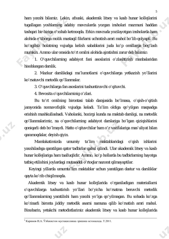 taqil anglash, badiiy adabiyotinng estetik go’zalligini qabul qilish emas, balki o’qituvchining ixtiyoriga 7 ko’ra mashg’ulot davomida qayd etilganlarni qayta takrorlab berib, zaruriy bahoni olishga harakat qiladilar. umumiy ta’lim va o’rta maxsus ta’lim maktablarimizda badiiy asar tahlili bevosita badiiy matndan kelib chiqqan holda emas, adabiyotshunoslikdagi umumiy fikrlarni tushunib-tushunmay bayon qilishdan iborat bo’lib qolmoqda. oybek, hamid olimjon, g’afur g’ulom ijodini aralashtirib yuborish kabi kamchilikdan kelib chiqmoqda. o’qish va o’qitishimizdagi bu nuqson, o’z navbatida, yozma ishlarda ham ko’zga tashlanadi. ba’zi insholarda yozuvchi, asar nomi, obrazlarning ismlarini o’zgartirish mutlaqo uning mazmuniga ta’sir etmaydi. bunday holatlar dars mashg’ulotlari sifatini tubdan o’zgartirishni taqozo qilmoqda. ayrim o’quvchilar litsey, kollejlarga ilmiy adabiyot namunasi sifatida murakkab bo’lgan darsliklarnigina emas, xrestomatiyada keltirilgan badiiy parchalarni ham ravon o’qish malakasiga ega bo’lmagan holda keladilar. ular mavzuni bo’g’inma- bo’g’in, harfma-harf o’qiydilar. bu esa o’qituvchining ish faoliyatini yanada qiyinlashtiradi. chalasavod bo’lgan talabani yozma ish yozishga o’rgatish qo’shimcha mehnatni, muttasil ish olib borishni talab qiladi. …