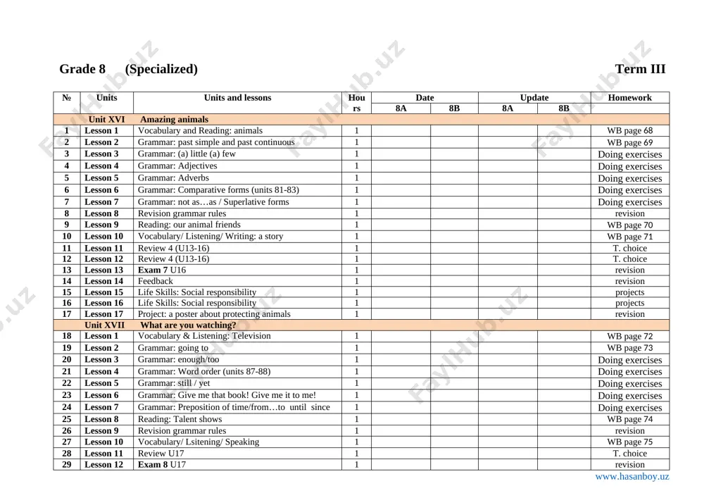 1 translate 11 lesson 12 reading: the flipped classroom 1 wb page 82 12 lesson 13 vocabulary/ listening/ speaking 1 wb page 83 13 lesson 14 review u19 1 revision 14 lesson 15 exam 10 u19 1 revision 15 lesson 16 feedback 1 revision unit xx families 16 lesson 1 vocabulary & listening: familiy 1 wb page 84 17 lesson 2 grammar: adverbs of manner 1 wb page 85 18 lesson 3 grammar revision 1 revision 19 lesson 4 developing tactics for listening 1 practice 20 lesson 5 developing tactics for reading 1 practice 21 lesson 6 tenses revision 1 revision 22 lesson 7 story time 1 translate 23 lesson 8 developing tactics for speaking 1 practice 24 lesson 9 reading: a big family 1 wb page 86 25 lesson 10 vocabulary/ listening/ writing 1 wb page 87 26 lesson 11 writing 1 writing 27 lesson 12 review u20 1 …