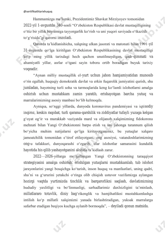 ahallalarda jinoyat oqibatlari bilan kurashish emas, balki, barvaqt oldini olishga o'tildi. buning uchun, har bir mahallaga bir nafardan profilaktika inspektori ajratilib, ularning soni 9 784 nafargacha (ilgari 5 867) etkazildi va o'rtacha 3,5 ming aholiga (ilgari 5,5 ming) xizmat qilinishi ta'minlandi. ularning uzluksiz xizmat faoliyati amalga oshirilishi uchun 6 787 ta xizmat uylari va 7 388 ta shaxsiy avtomashina xarid qilish uchun imtiyozli kreditlar ajratildi. profilaktika inspektori mahalla raisning huquq-tartibotni ta'minlash bo'yicha o'rinbosari etib belgilandi. @sertifikatlitarixhuquq @sertifikatlitarixhuquq xotin-qizlarning qonuniy manfaatlarni ruyobga chiqarish va ularning xavfsizligini ta'minlash uchun 362 nafar ayollar masalalari bo'yicha inspektorlar faoliyati yo'lga qo'yildi. (ilgari bu vazifani profilaktika inspektori bajargan) tor doiradagi soha mutaxassisligi bo'yicha jinoyat ishlarini tergov qilish sifatini oshirish maqsadida, yo'l-transport hodisalari, firibgarlik, kiberjinoyatchilikka ixtisoslashgan alohida bo'linmalar tashkil etildi va o'ziga xos jinoyatlarni tergov qilish metodikasi yaratildi. inson qadrini ulug‘lash, uning shaxsiy huquq va erkinliklarini ta‘minlash maqsadida jazoni ijro etish muassasalarida saqlanadigan mahkumlarga saylash, pensiya ta'minoti …