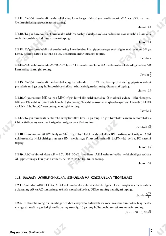 ik. bissektrisa 1.3.1. uchburchak bir burchagining bissektrisasi shu uchdan chiquvchi balandlik va mediana orasida yotishini isbotlang. 1.3.2. uchburchakning ikkita balandligi teng bo’lsa, uning teng yonli uchburchak ekanligini isbotlang. 1.3.3. uchburchak medianalarining yig’indisi a) p dan kichik; b) 3 4 𝑝 dan katta ekanligini isbotlang. bu yerda p – uchburchakning perimetri. 1.3.4. abc uchburchakning be bissektrisasi va ad medianasi o’zaro perpendikulyar bo’lib, uzunliklari 4 ga teng. abc uchburchakning tomonlarini toping. javob: √13; 2√13; 3√5 1.3.5. agar uchburchakning ikkita medianasi teng bo’lsa, uchburchakning teng yonli ekanligini isbotlang. 1.3.6. uchburchakning bir uchidan chiquvchi bissektrisasi bilan medianasi ustma-ust tushadi. uchburchakning teng yonli ekanligini isbotlang. 1.3.7. to’g’ri burchakli uchburchakning to’g’ri burchagining bissektisasi gipotenuzani uzunliklari 15 va 20 ga teng kesmalarga ajratadi. uchburchakning yuzini toping. javob: 294 1.3.8. katetlarining uzunliklari 18 va 24 bo’lgan to’g’ri burchakli uchburchakning o’tkir burchaklarining bissektrisasini toping. javob: 9√5; 8√10 boymurodov dostonbek 8 1.3.9. 4√3 radiusli aylanaga abc uchburchak ichki chizilgan bo’lib, …