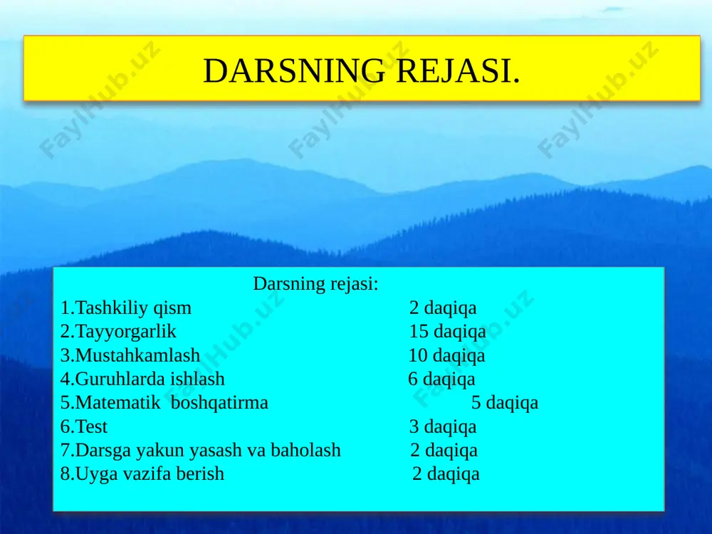 1-masala 462-masala 463-masala to`g`ri to`rtburchak diagonallarining kesishish nuqtasidan uning tomonlariga o`tkazilgan perpendikulyarlar mos ravishda 4 sm va 11 smga teng. bu to`g`ri to`rtburchakning yuzini toping? parallelogramm burchaklarining birning bissektrisasi o`zi kesib o`tgan tomonni 7 sm va 9 sm li kesmalarga bo`ladi. shu parallelogrammning perimetrini toping? to`g`ri burchakli trapetsiyaning yuzi 120 ga teng, perimetri 56 smga, kichik yon tomoni 6 sm ga teng. katta yon tomonini toping? a w d e c k b f 461 - masala b-n: to’g’ri to’rtburchak kn=4sm;___fe=11sm. s - ? yechish:ab=cd=kn=4sm bc=ad=fe=11sm s=ab·ad=kn·ef=44 javob: s=44 a k d c b b-n:abcd parallelogramm bk bissektrisa ad tomoni ak=7sm;___kd=9sm p - ? yechish: bk bissektrisa bo’lgani uchun bc\\ad bo’lgani uchun <cbk=<bka <abk=<bka; uchburchak abk teng yonli ab=ak=7sm ab=cd=7sm bc=ad=7+9=16sm p=2(ab+bc)=2(7+16)=46sm; javobi: p=46sm 462 - masala 463 - masala b-n: abcd to’g’ri burchakli trapetsiya s=120 p=56sm ab=6sm cd-? yechish: ab=ce=h=6sm; bc=ae=a; ed=b 2a+b=40 ab+2a+b+cd=56 6+40+cd=56 cd=10sm javob:cd=10sm b d …