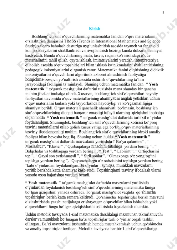 ash. 1 15 qo„shish va ayirish jadvali. 1 16 qavslar 1 17 qavslar 1 8 18 uzunlik birliklari. 1 19 21 dan 100 gacha bo „lgan sonlar . 1 20 21 dan 100 gacha bo „lgan sonlar 1 21 21 dan 100 gacha bo „lgan sonlar 1 22 21 dan 100 gacha bo „lgan sonlar . 1 23 o„tilganlarni mustahkamlash. 1 24 100 ichida qo„shish va ayirish. 1 25 100 ichida qo„shish va ayirish 1 26 100 ichida qo„shish va ayirish 1 27 tarkibli masalalar 1 28 ikki amalli masalalar 1 29 sonli ketma –ketliklarni davom ettiring . 1 30 uzunlik o „lchov birligi –detsimetr,metr. 1 31 massa o„lchov birligi . sig„im o„lchov birligi. 1 32 mantiqiy tushunchalar. 1 33 mantiqiy savol –javob. 1 34 1-sinfda o„tilganlarni mustahkamlash. 1 to„garak rahbari:__________________ ________________________ 9 sana :_______________202__yil № 1 mashg„ulot mavzusi: 1 dan 10 gacha bo„lgan sonlarning o„qilishi va yozilishi. 1-topshiriq. 1 …