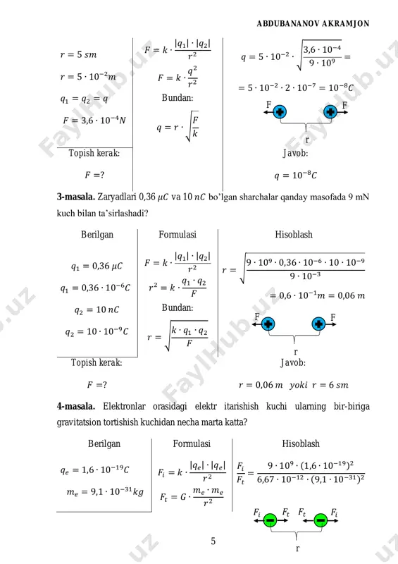 gan nuqtaviy zaryadning 6 sm masofada hosil qilgan maydon kuchlanganligini toping. berilgan formulasi hisoblash 𝑞 = 4𝑛𝐶 = 4 ∙ 10−9𝐶 𝑟 = 6 𝑠𝑚 = 0,06 𝑚 𝐸 = 𝑘 ∙ |𝑞| 𝑟2 chizmasi 𝐸 = 9 ∙ 109 4 ∙ 10−9 0,062 = = 36 36 ∙ 10−4 = 104 𝑁 𝐶 topish kerak: 𝐸 =? javob: 𝐸 = 104 𝑁 𝐶 2-masala. elektr maydon kuchlanganligi 3000 n/c bo’lgan nuqtada turgan zaryadi 20 nc bo’lgan sharchaga qanday kuch ta’sir qiladi? berilgan formulasi hisoblash 𝑞 = 20𝑛𝐶 𝑞 = 20 ∙ 10−9𝐶 𝐸 = 3000 𝑁/𝐶 𝐸 = 𝐹 𝑞 𝐹 = 𝐸𝑞 chizmasi 𝐹 = 3000 ∙ 20 ∙ 10−9 = = 6 ∙ 10−5𝑁 topish kerak: 𝐹 =? javob: 𝐹 = 6 ∙ 10−5𝑁 = 60𝜇𝑁 3-masala. bir jinsli elektrostatik maydonda 5 ∙ 10−8𝐶 zaryadga 8µn kuch ta’sir qilmoqda. zaryad turgan nuqtadagi elektr maydon kuchlanganligini toping. berilgan …