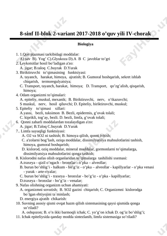 qaysi tuz yordami yordamida aniqlanadi? a)agno3 b) caci2 s) feci2 d) kno3 8.qaysi reaksiya amalda sodir bo’lmaydi a( cu+h2so4 k = b) cucl2+ koh = c) ag+ feso4 = d) khco3+ koh = 9) 6 gr uglerodning yonishi natijasida hosil bo’lgan gaz massasi va miqdori (mol) aniqlang. a) 4 4g 0.5 mol b) 22g 1 mol s) 22 g 0,5 mol d) 33 g 0.25 mol 10.alyuminiyning mis(ii) xlorid eritmasi bilan ta’siri qanday kimyoviy reaksiya turiga mansub? a) birikish b) almashinish s) o’rin olish d) parchalanish 11.qausi gazlarning zichliklari 1.25g/ml (n. sh da__________________________________ 12. atom massasi bir xil yadro zaryadi esa turlicha bo’lgan atomlar turi_______________- deyiladi? 13.turmushda kauctik soda deb ataluvchi moddaning kimyoviy formulasi ____________________ 14. kimyoviy elementlarning beqaror izatoplari yadrolaridan turli zarrachalar va nurlar chiqarib boshqa xil yadroga aylanish hodisasi___________________deb ataladi. 15 400ml 0.025 m li naoh eritmasi tarkibida necha mol naoh bo’ladi? ---------------------------------- 8-sinf ii-blok 2-variant 2017-2018 o’quv …