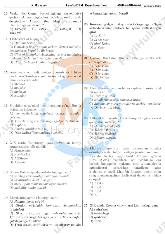 n c) vasko da gama d) x.kolumb 7. buyuk geografik kashfiyotlarning eng salbiy oqibatlaridan biri bu...? a) qul savdosi xalqaro miqyosda rivojlandi b) bo‘ysundirilgan xalqlar dahshatli ekspluatatsiya qilindi c) zabt etish jarayonida mahalliy aholining bir qismi qirilib ketdi d) mahahlliy aholi kapitalistik munosabatlarga zo‘rlik bilan jalb qilindi 8. kimning ekspeditsiyasi a’zolari yer sharini aylanib suzib, 1522-yili o‘zlari jo‘nab ketgan ispaniya qirg‘oqlariga yetib keldi? a) luis torres b) vasko da gama c) abel tasman d) fernando magellan 9. yangi davrda jamiyatning asosiy sinflarini kimlar tashkil etgan? a) ishchilar va savdogarlar b) proletariat va zodagonlar c) kapitalist va proletariat d) shaharliklar va hunarmandlar 10. «o‘n besh yoshli kapitan», «yer markaziga sayohat» asarlari muallifini aniqlang a) jyul vern b) jek london c) bernard shou d) romen rolan 11. kolumb san salvadorga qaysi sanada kelib tushadi? 1492-yil. . . a) 12-noyabr b) 10-oktyabr c) 6-avgust d) 12-oktyabr 12. yangi davr boshlarida xaridorlar bilan oldi-sotdi …