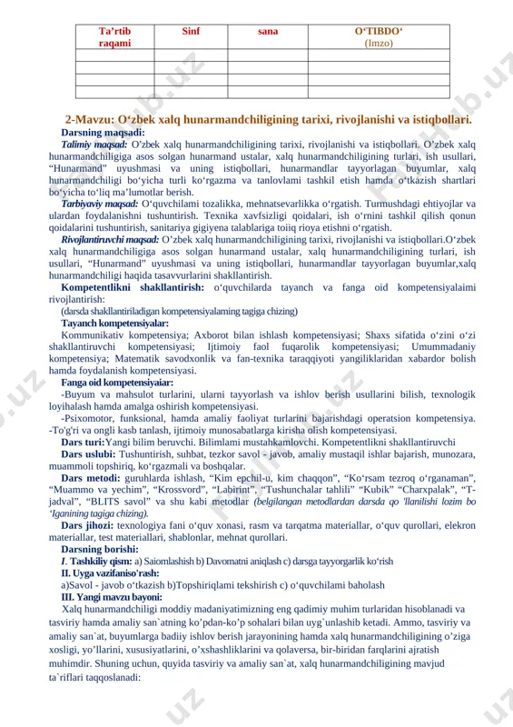 ng maqsadi: talimiy maqsad: o’zbek xalq hunarmandchiligining tarixi, rivojlanishi va istiqbollari. o’zbek xalq hunarmandchiligiga asos solgan hunarmand ustalar, xalq hunarmandchiligining turlari, ish usullari, “hunarmand” uyushmasi va uning istiqbollari, hunarmandlar tayyorlagan buyumlar, xalq hunarmandchiligi bo‘yicha turli ko‘rgazma va tanlovlami tashkil etish hamda o‘tkazish shartlari bo‘yicha to‘liq ma’lumotlar berish. tarbiyaviy maqsad: o‘quvchilami tozalikka, mehnatsevarlikka o‘rgatish. turmushdagi ehtiyojlar va ulardan foydalanishni tushuntirish. texnika xavfsizligi qoidalari, ish o‘rnini tashkil qilish qonun qoidalarini tushuntirish, sanitariya gigiyena talablariga toiiq rioya etishni o‘rgatish. rivojlantiruvchi maqsad: o’zbek xalq hunarmandchiligining tarixi, rivojlanishi va istiqbollari.o‘zbek xalq hunarmandchiligiga asos solgan hunarmand ustalar, xalq hunarmandchiligining turlari, ish usullari, “hunarmand” uyushmasi va uning istiqbollari, hunarmandlar tayyorlagan buyumlar,xalq hunarmandchiligi haqida tasavvurlarini shakllantirish. kompetentlikni shakllantirish: o‘quvchilarda tayanch va fanga oid kompetensiyalaimi rivojlantirish: (darsda shakllantiriladigan kompetensiyalaming tagiga chizing) tayanch kompetensiyalar: kommunikativ kompetensiya; axborot bilan ishlash kompetensiyasi; shaxs sifatida o‘zini o‘zi shakllantiruvchi kompetensiyasi; ijtimoiy faol fuqarolik kompetensiyasi; umummadaniy kompetensiya; matematik savodxonlik va fan-texnika taraqqiyoti yangiliklaridan xabardor bolish …