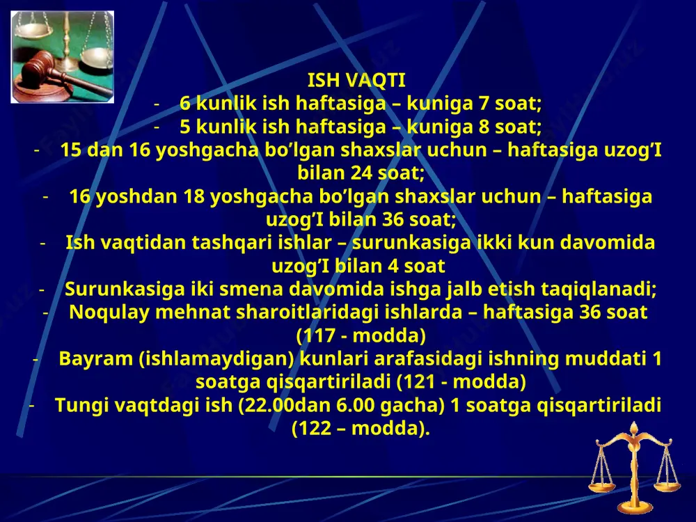 ftarchasini berishni talab qildi. xodimlar bo’limida buni bajarishmadi, u voyaga yetmagan va unga mehnat daftarchasi tutilmaydi deb tushuntirishdi. bu vaziyatda kim haq? ushbu holda mehnat qonunlari qanday buzilgan? * 2 –vaziyat 16 yoshli ishchi u muntazam ravishda korxonada belgilangan normani bajarmadi, shu munosabat bilan ma’muriyat kasaba uyushmasi tashkiloti oldiga uni ishdan bo’shatish masalasini qo’ydi. kasaba uyushmasi yig’ilishi u ni ishdan bo’shatishga rozilik berish to’g’risida qaror qabul qildi va korxona bo’yicha chiqarilgan buyruqqa binoan ishdan bo’shatildi. mazkur holda mehnat qonunlari buzilganmi? * bilimingizni sinang! 1. ish vaqti va dam olish vaqti tushunchalariga nimalar kiradi? 2. besh va olti kunlik ish haftalarida ish vaqti necha soatni tashkil etadi? 3. voyaga etmaganlar ishining xususiyati nimada? 4. respublikada qaysi kunlar bayram kunlari deb belgilangan? 5. kundalik dam olish necha soat davom etishi kerak? 6. navbatdagi mehnat ta’tili necha oy ishlanganidan keyin beriladi? 7. voyaga etmaganlarga mehnat ta’tilini berish xususiyati nimadan iborat? 8. qaysi hollarda …