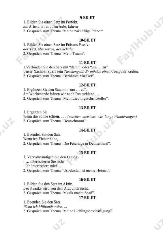 usgespült. 2. gespräch zum thema “meine lieblingssportart”. 30-bilet 1. bilden sie einen infinitivsatz. es ist wichtig, … . 2. gespräch zum thema “der aralsee”.