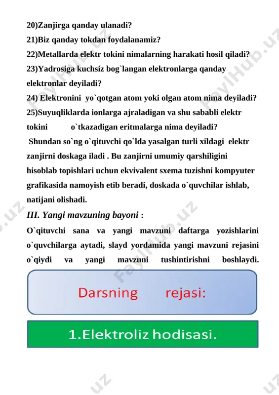 uchi va tokning o`tish vaqti orqali ifodalab, yani q=i t ekanligini inobatga olib, elektrodlarda ajralib chiqqan modda massasi uchun quyidagi ifodani hosil qilamiz: m=kit . faradeyning birinchi qonunini quyidagi tajriba asosida tekshirib ko`rish mumkin. uchta a,b va c vannalarga bir xil elektrolitlar quyilib , ularning elektrodlari bir-biri bilan ulanadi. fikrlarga ko’ra, a elektrolitik vannadan o’tayotgan ia tok kuchi b va c elektrolitik vannalardan o’tayotgan ib va ic tok kuchlarining yigindisiga teng bo`ladi: ia=ib+ic. bundan (2) formulaga ko`ra, a, b va c elektrolitik vannalardagi elektrodlarda ajralib chiqqan moddalarning ma=kiat, mb=kib t va mc=kict massalari uchun ma=mb+mc munosabat o`rinli bo’lishi tajribada tasdiqlangan. [image: image9.jpg] iv. mustahkamlash: iv.mustahkamlash: masala: buyum 40 minut davomida nikellanadi.bunda buyum sirt yuzasiga 1,8 g nikel o’tirdi. nikellash jarayonida elektrolitdan qanday tok otgan? berilgan: formulasi: t=40 minut=2400 s m=kq=kit; m=1,8 g =1,8*10-3kg i=m/kt k=0,304*10-6 kg/c [i]=kg/kg s/c =c/s=a topish kerak: i=? hisoblash: i=1,8*103/0,304*10-6*2400a=2,5a v. o`quvchilarni baholash: darsda faol ishtirok …