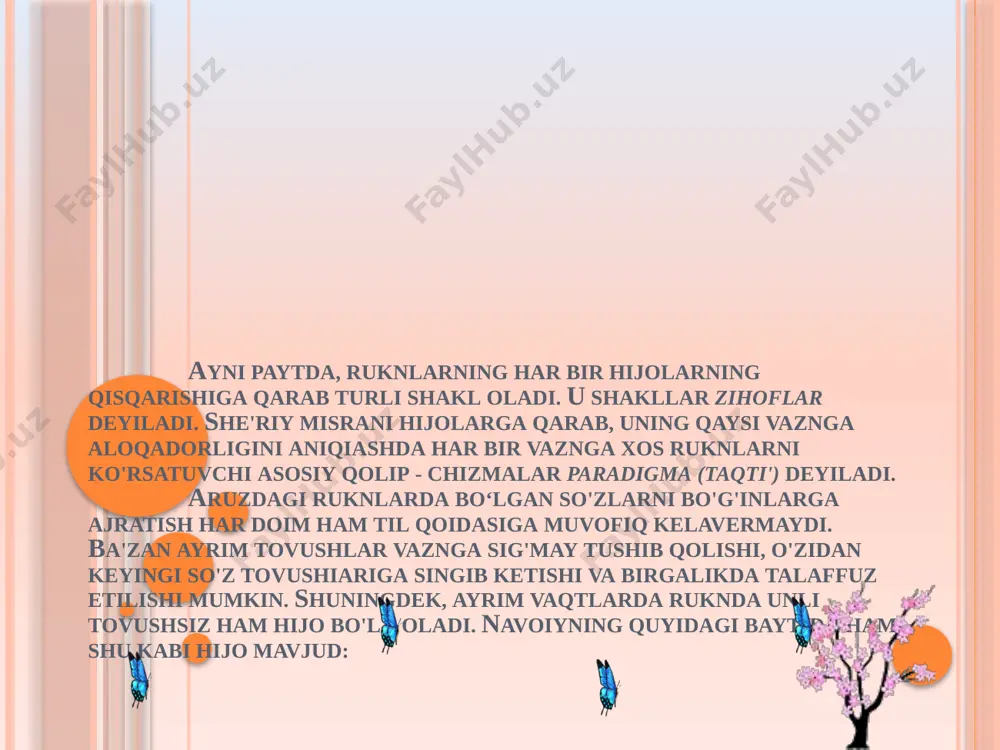 lo – tun v - - v - - v - - 3. ramali musammani solim (16) kel – ki, ish -qing- fo- i- lo- tun din ko’-ngul~-da fo – i – lo – tun yoq- tu - rur sab- fo – i – lo – tun ru qa-ro-rim fo – i – lo – tun -v - - -v - - -v - - -v - - bo—shi - ma yet- fo – i – lo – tun fo- i- lo- tun kur qa-dam-kim, fo- i- lo- tun had – din osh-ti fo – i – lo – tun in-ti-zo-rim fo – i – lo – tun -v - - -v - - -v - - -v - - 4. ramali musuddasi mahzuf (11) so’z-chi ho-lin fo- i- lo- tun boq-ma boq so’z fo-i-lo-tun ho-li-ni fo-i-lun -v - - -v - - -v - ko’r-ma kim der fo- i- …