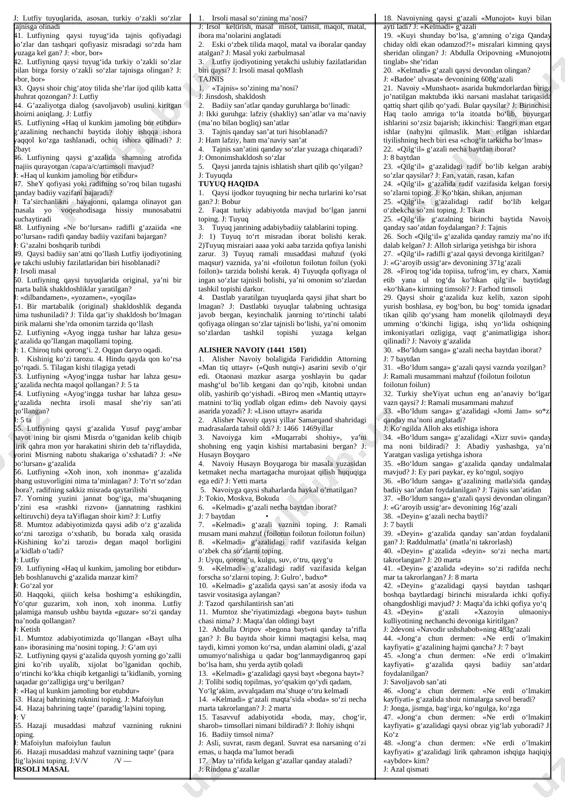 ir, man- manning zavoli bordir»t «yaxshilarning yuzin ko‘rsang jan- natdir, yomon odam qilgan ishi minnatdir», «0‘zingdan kat- tani uchratsang pir bil, 0‘zingni erbilsang, birovni sherbih 82. «bog‘ ichinda olma-anor istaydir, bo‘yi mahbub, mushki diydor istaydir. qadrdonlar, birga yurgan beklarim, do‘stlar-ay, ko‘ngil bir yor istaydir» misralarini kim ayt- gan? j: kuntug‘mish 83. «qarasa, bir qiz turibdi qayqayib: qoshini kerib, labini burib, chikka bel bo‘lib, shirin qilib kulib, taraqqos boylab, suqsurday bo‘ylab, tovusday taranib, bellari bura- lib». ushbu ta’rif qaysi go‘zal haqida? j: xo’lbeka haqida 84. «shukur, ajalimiz yetgani yo‘q ekan, o’lmay shu toqqa keldik, albatta, chashmazor suvlar, har alvon meva- lar bo‘lsa kerak». ushbu parcha qaysi asardan olingan? j: «kuntug‘mish» dostonidan 85. «xonumonim bo‘ldi chun barbod dastingdan, falak, bolmadi g‘amgin bu ko‘nglim shod dastingdan, falak, qilmading aslo dilim obod dastingdan, falak, to qiyomat dod etarman, dod dastingdan, falak, dod dastingdan, falak, bedod dastingdan, falak!» mis- ralari qaysi asardan olingan? j: «kuntug‘mish» …