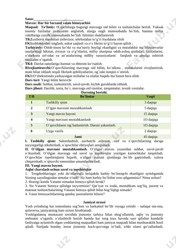 zilatlari sabab bugun ko‘plab millat va din vakillari yurtimizda tinch va ahil yashab, hayot kechirmoqdalar. respublikamizda turli dinlarga mansub qadriyatlarni asrab-avaylashga, barcha fuqarolarga o‘z e’tiqodi bilan bog‘liq an’analarni amalga oshirish uchun zarur sharoitlarni yaratib berishga, dinlar va millatlararo hamjihatlikni yanada mustahkamlashga, ular o‘rtasida qadimiy mushtarak an’analarni rivojlantirishga alohida e’tibor qaratilmoqda. bu esa, o‘z navbatida, mamlakat ravnaqi, jamiyat taraqqiyoti, umuminsoniy madaniyat va ma’naviyat rivojiga xizmat qiladi. respublikamizda 16 ta diniy konfessiya vakillari ahil-inoq yashamoqdalar. abdulla avloniy bu borada shunday degan edi: «qaysi bir millatning orasida birlik ko‘tarilub, nifoq va adovat hukm surgan bo‘lsa, ul qavmning inqiroz dunyosiga yuzlanganligi tarix sahifalaridan ma’lumdir». bag‘rikeng yurtda yashayotgan o‘zbek, qoraqalpoq, rus, qozoq yoki boshqa millatga mansub bo‘lsa ham, barchasi bir diyorning farzandlaridir. shu vatanda tug‘ilib o‘sgan har bir inson ota-bobolari, buvilari ahil, birdam yashash naqadar ulug‘ fazilat ekanligini ongiga bolalikdanoq singdirib ulg‘aytirganlar. shunday ekan, yurtimizdagi tinchlik va xotirjamlikni asrab-avaylashga siz yoshlar ham o‘z hissangizni qo‘shmog‘ingiz …