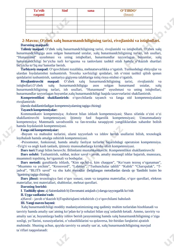 ng maqsadi: talimiy maqsad: o’zbek xalq hunarmandchiligining tarixi, rivojlanishi va istiqbollari. o’zbek xalq hunarmandchiligiga asos solgan hunarmand ustalar, xalq hunarmandchiligining turlari, ish usullari, “hunarmand” uyushmasi va uning istiqbollari, hunarmandlar tayyorlagan buyumlar, xalq hunarmandchiligi bo‘yicha turli ko‘rgazma va tanlovlami tashkil etish hamda o‘tkazish shartlari bo‘yicha to‘liq ma’lumotlar berish. tarbiyaviy maqsad: o‘quvchilami tozalikka, mehnatsevarlikka o‘rgatish. turmushdagi ehtiyojlar va ulardan foydalanishni tushuntirish. texnika xavfsizligi qoidalari, ish o‘rnini tashkil qilish qonun qoidalarini tushuntirish, sanitariya gigiyena talablariga toiiq rioya etishni o‘rgatish. rivojlantiruvchi maqsad: o’zbek xalq hunarmandchiligining tarixi, rivojlanishi va istiqbollari.o‘zbek xalq hunarmandchiligiga asos solgan hunarmand ustalar, xalq hunarmandchiligining turlari, ish usullari, “hunarmand” uyushmasi va uning istiqbollari, hunarmandlar tayyorlagan buyumlar,xalq hunarmandchiligi haqida tasavvurlarini shakllantirish. kompetentlikni shakllantirish: o‘quvchilarda tayanch va fanga oid kompetensiyalaimi rivojlantirish: (darsda shakllantiriladigan kompetensiyalaming tagiga chizing) tayanch kompetensiyalar: kommunikativ kompetensiya; axborot bilan ishlash kompetensiyasi; shaxs sifatida o‘zini o‘zi shakllantiruvchi kompetensiyasi; ijtimoiy faol fuqarolik kompetensiyasi; umummadaniy kompetensiya; matematik savodxonlik va fan-texnika taraqqiyoti yangiliklaridan xabardor bolish …