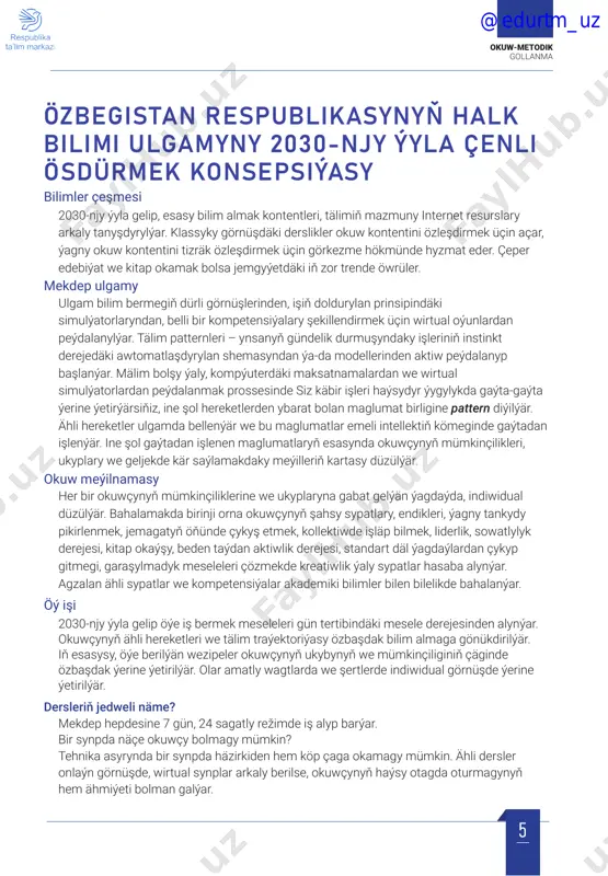 24 sagatly režimde iş alyp barýar. bir synpda näçe okuwçy bolmagy mümkin? tehnika asyrynda bir synpda häzirkiden hem köp çaga okamagy mümkin. ähli dersler onlaýn görnüşde, wirtual synplar arkaly berilse, okuwçynyň haýsy otagda oturmagynyň hem ähmiýeti bolman galýar. @edurtm_uz 6 okuw-metodik gollanma 1-nji synpda harplyk döwrüniň takmyny kalendar plany sapagyň t.n. sapagyň temasy sagat sany bellik 1-2 1-nji sentýabr garaşsyzlyk baýramy. biziň watanymyz – özbegistan. harplyk depderinde işlemek 2 3-4 salam mekdep! harplyk depderinde işlemek 2 5-6 haýwanlar, öý hawanlary, ýabany haýwanlar, ösümlikler. harplyk depderinde işlemek 2 7-8 biziň maşgalamyz. harplyk depderinde işlemek 2 9-10 muzeý. harplyk depderinde işlemek 2 11-12 «a» harpy we okalyşy, kiçi «a» harpynyň ýazylyşy. harplyk depderinde işlemek 2 13-14 «a» harpy we okalyşy, uly «a» harpynyň ýazylyşy. harplyk depderinde işlemek 2 15-16 «o» harpy we okalyşy, kiçi «o» harpynyň ýazylyşy. harplyk depderinde işlemek 2 17-18 «o» harpy we okalyşy, uly «o» harpynyň ýazylyşy. harplyk depderinde …