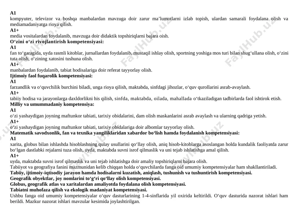 gi 1 -betlar 6 o‘simlik organlari 1 -betlar 7 o‘simliklarning hayot sikli 1 -betlar 8 amaliy mashg‘ulot. o‘simlik urug‘ini o‘rganish 1 -betlar 9 loyiha ishi urug‘ning unib chiqish jarayonini o‘rganish 1 -betlar 10 bob yuzasidan takrorlash 1 -betlar 11 nazorat ishi - 1 1 -betlar 12 hayvonlarning xilmaxilligi 1 -betlar 13 amaliy mashg‘ulot umurtqasiz va umurtqali hayvonlarni o‘rganamiz 1 -betlar 2021-2022 o‘quv yili uchun 3-sinf “tabiatshunoslik” fanidan taqvim mavzu rejasi (haftasiga 1-soatdan 34 soat) t/r mavzular soat o’tilgan vaqti rejada o’tilgan vaqti amalda uyga vazifa i-chorak 1 kirish. tabiatshunoslik nimani o‘rganadi? 1 3-5 bet 2 yer usti va yer osti suvlari 1 7-10-bet 3 suvning xususiyatlari 1 11-13-bet 4 suvni muhofaza qilish va tejash. 1 14-bet 5 tabiatda havo 1 15-bet 6 ob-havoning belgilari 1 18-21-bet 7 yog‘inlar 1 22-24-bet 8 nazorat ishi 1 1 25-28-bet 9 foydali qazilmalar yerdan olinadi. 1 29-32-bet ii-chorak 10 yoqilg‘i sifatida foydalaniladigan qazilmalar 1 …