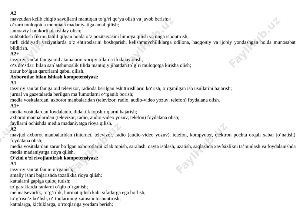 rligi, kim katta, kim kichikligini bilish; maktabga kelib ketadigan vaqtni bilish; mamlakatimizdagi bayram kunlarini bilish; isrof va tejamkorlikning ma’nosini tushunish; ehtiyoji uchun kerak bo‘lgan narsalardan (o‘quv qurollari, kiyim-kechak) tejab foydalanish, bir kunlik xarajatlarini hisoblashni bilish; texnika turlari va ularni qachon paydo bo‘lganligini bilish. a1+ kundalik rejalarini tuza olish; kundalik faoliyatda turli chizmalarni chiza olish; isrof va tejamkorlikning ma’nosini tushunish va kundalik hayotda unga amal qilish. a2 mamlakatimizning dunyo hamjamiyatida tutgan o‘rni va tarixiy shakllanish davri haqida aytib bera olish; mustaqillik yillarida mamlakatimizdagi barcha sohalarda amalgam oshirilgan o‘sish sur’atlarini bilish; kundalik faoliyatda turli formula, model, chizmalarni o‘qiy olish va foydalana olish. i. tk-tayanch kompetensiya 1. tk1-kommunikativ kompetensiya 2. tk2-axborotlar bilan ishlash kompetensiyasi 3. tk3-o‘zini-o‘zi rivojlantirish kompetensiyasi 4. tk4-ijtimoiy faol fuqarolik kompetensiyasi 5. tk5-milliy va umuminsoniy kompetensiya 6. tk6-matematik savodxonlik, fan va texnika yangiliklaridan xabardor bo‘lish hamda foydalanish kompetensiyasi ii. fk-fanga oid kompetensiyalar 1. fk1-naturaning xarakterli jihatlarini kuzatish, tahlil qilish va ifodalay …