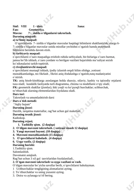 hkiliy qism. (2 daqiqa) 2. o`tilgan mavzuni takrorlash. ( xotirani sinash 12 daqiqa) 3. yangi mavzuni bayoni. (10 daqiqa) 4. mavzuni mustahkamlash (15 daqiqa) 5. o`quvchilarni baholash . (4 daqiqa) 6. uyga vazifa. (2 daqiqa) darsning borishi: 1.tashkiliy qism. salomlashish. davomatni aniqlash. rag’bat uchun 3 xil gul tasvirlaridan foydalaniladi.. 2. o`tgan mavzuni takrorlash va uyga vazifani so`rash. o`tilgan mavzular bo`yicha savollar berib, o`quvchilarni baholayman. 1 uchburchaklar tengligining alomatlarini ayting. 2. to`rtburchaklar va uning yuzasini ayting. 3. doira va aylanaga ta’rif bering. 4. doira va aylanaganing farqini ayting. 3.yangi mavzuni bayon qilish. aziz o`quvchilar sizga bugungi darsimizda uchburchaklar tengligining alomatlari haqida tushuncha beraman. uchburchaklar tengligining 3 ta alomati bor. 1- alomat: agar bir uchburchakning bitta tomoni va unga yopishgan 2 ta burchagi, ikkinchi uchburchakning bitta tomoni va unga yopishgan 2 ta burchagiga mos ravishda teng bo`lsa bu uchburchaklar teng bo`ladi. 2- alomat: agar bir uchburchakning ikkita tomoni va ular orasidagi burchagi, …