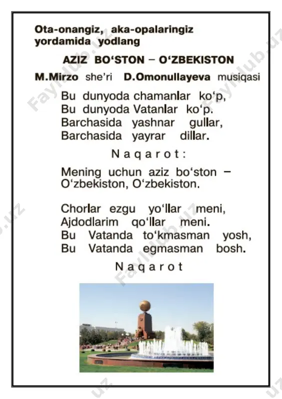 i shakllantirish. kommunikativ kompetensiya: musiqa madaniyati faniga oid atamalarni muloqot jarayonida qo‘llay olish; axborotlar bilan ishlash kompetensiyasi: musiqa madaniyati faniga oid televizor, radioda berilgan eshittirishlarni ko‘rish, o‘rganilgan ish usullarini bajarish, jurnal va gazetalarda berilgan ma’lumotlarni o‘rganib borish, media vositalardan foydalanib, didaktik topshiriqlarni bajarish, axborot manbalaridan (televizor, radio, audio-video yozuv, telefon) foydalana olish; o‘zini o‘zi rivojlantirish kompetensiyasi: musiqa madaniyati fanini o‘rganish; ijtimoiy faol fuqarolik kompetensiyasi: o‘zining o‘quvchilik burchi va vazifalarini bilish, unga rioya qilish, sinfda va oilada o‘z o‘rniga ega bo‘lish; milliy va umummadaniy kompetensiya: orasta kiyinish va doimo shunga amal qilish, do‘stlariga, yaqinlari va atrofdagilarga mehribon bo‘lish, orasta kiyinish, yurish-turishda kattalardan o‘rnak olish, o‘z uyi, maktabi, turar mahallasini qadrlash; kundalik rejalarini tuza olish; dars turi: noan’anaviy dars jihozlari: musiqa madaniayati kitobi, ko’rgazmalar, musiqa anjomlari. uslub: hikoya, suhbat, “klaster”, “aqliy xujum”, “test”. shakl: suhbat-munozara, kichik guruhlar va jamoada ishlash. vosita: tarqatma materiallar, audio sd disk yozuvlari, fortepiano cholg`u asbobi, rag`barlantiruvchi kartochkalar. …