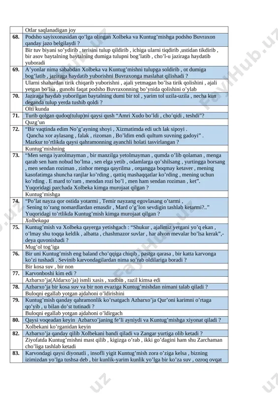 a bilan qoplama qilingan 47. kuntug’mish daryoda oqib kelayotgan sandiqni ko’rganda , u yerga nima maqsadda borgan edi ? qirq yigiti bilan shikor(ov) qilish maqsadida 48. kuntug’mish yigitlarga sandiqni daryodan olib chiqishni buyurganda , nega ular norozilandilar ? chunki daladan biror narsa qo’lga tushsa , kuntug’mish podsholik deb olib qo’yar , xizmatkor yigitlar quruq qolar edi 49. kuntug’mish daryodan olib chiqilishi kerak bo’lgan sandiq masalasida xizmatkor yigitlari bilan qanday kelishdi ? yigitlar sandiqning tilla sirtini tanlashdi , kuntug’mish esa , tabiiyki , ichini 50. sandiq daryodan olib chiqilgach , kuntug’mish nega hushidan ketadi ? suratni ko’rgach , tushida ko’rgan mahbubini tanib , bir dardi yuz bo’lib , toqat qilolmay 51. podsho qoraxon o’g’lining bu ahvoliga achinib , qanday choralar ko’rishiga to’g’ri keladi ? qushnochni olib kelib , qoqtirib , baxshini olib kelib , boqtirib , mullani olib kelib , o’qitib , eshonni olib kelib , halqa qilib o’g’lini qaratdi 52. …