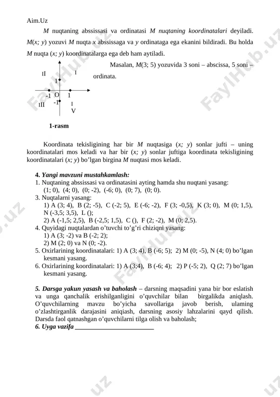 izlanayotgan masofa s (km hisobida) harfi bilan belgilansa, javobni bunday formula bilan yozish mumkin: s = 60t. poyezdning harakati davomida s yo’l va t vaqt o’zgarib boradi. shuning uchun ular o’zgaruvchi kattalik (miqdor)lar yoki o’zgaruvchilar deyiladi. bunda s va t ixtiyoriy ravishda emas, balki (1) tekis harakat qonuniga bo’ysungan holda o’zgarishi muhim ahamiyatga ega. bu qonunga muvofiq, t vaqtning har bir qiymatiga s yo’lning aniq bir qiymati mos keladi (mos qo’yiladi). agar biror sonlar to’plamidan olingan x ning bir qiymatiga biror qoida bo’yicha y son mos qilib qo’yilgan bo’lsa, u holda shu to’plamda funksiya aniqlangan deyiladi. y miqdorning x miqdorga bog’liqligini ta’kidlash uchun ko’pincha y(x) deb yoziladi (o’qilishi: “igrek iksdan”). bunda x erkli o’zgaruvchi, y(x) esa erksiz o’zgaruvchi yoki funksiya deyiladi. funksiya berilishining ba’zi usullarini qaraymiz. 1. funksiya formula bilan berilishi mumkin masalan, y = 2x formula x ning berilgan qiymati bo’yicha y ning qiymatini qanday hisoblash kerakligini ko’rsatadi. funksiyaning …
