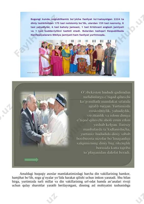 o‘hna yodgorliklar buni yaqqol tasdiqlaydi. diniy bag‘rikenglik borasidagi shunday an’analar bugungi kungacha davom etib kelmoqda. ularning barchasi xalqimiz dinlararo bag‘rikenglik borasida boy tajribaga ega ekanidan dalolat beradi. xalqimiz o‘zining bag‘rikenglik fazilatlari bilan, qaysi millat yoki dinga mansubligidan qat’i nazar, insonning hurmatini joyiga qo‘ygan, yordamga muhtoj turli xalq va millat vakillaridan mehrini ham, moddiy ne’matlarini ham ayamagan. bunga tarixdan ko‘plab misollar keltirish mumkin. ayniqsa, 1939-yildan boshlanib, 1945-yilgacha davom etgan ikkinchi jahon urushi paytida xalqimizning yuksak insoniylik fazilatlari yana bir bor sinovdan o‘tadi. sobiq sssrning g‘arbiy o‘lkalaridagi butun-butun shahar va qishloqlar, mintaqalar urush olovi ichida qolib ketadi. u yerlarda yashayotgan tinch aholi vakillari – bolalar, ayollar, keksalar tezlik bilan urush alangasi yetib bormagan tinch o‘lkalarga ko‘chiriladi. jumladan, bizning yurtimizga ham millionlab och-nahor, boshpanasiz, qarovsiz kishilar keltiriladi. xalqimiz o‘sha og‘ir davrda topgan bor-yo‘q boyligini frontga yuborib, qiyin ahvolda yashayotganiga qaramasdan, turli millat va din vakillaridan iborat ana shu odamlarni o‘z bag‘riga oladi. ularga …