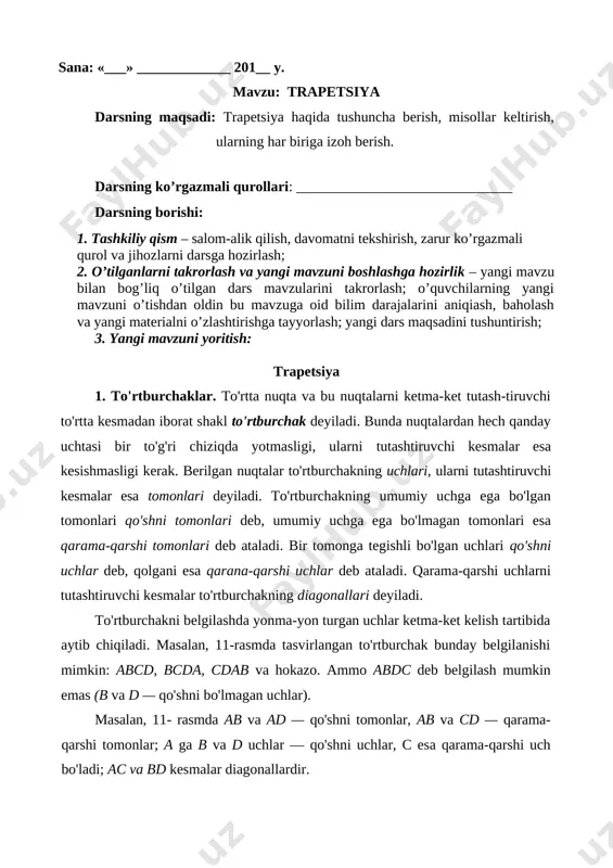 aytib chiqiladi. masalan, 11-rasmda tasvirlangan to'rtburchak bunday belgilanishi mimkin: abcd, bcda, cdab va hokazo. ammo abdc deb belgilash mumkin emas (b va d — qo'shni bo'lmagan uchlar). masalan, 11- rasmda ab va ad — qo'shni tomonlar, ab va cd — qarama-qarshi tomonlar; a ga b va d uchlar — qo'shni uchlar, c esa qarama-qarshi uch bo'ladi; ac va bd kesmalar diagonallardir. 12-a rasmda qavariq to'rtburchak, 12-b rasmda esa botiq to'rtburchak tasvirlangan. botiq to'rtburchaklarda diagonallardan biri, ya'ni ac to'rtburchak ichki qismiga tegishli emasligiga ahamiyat bering. 2. trapetsiya. to'rtburchaklarning burchaklari yoki qarama-qarshi tomonlarining o'zaro joylanishiga qarab ular turli sinflarga ajtratiladi. shu sinflardan eng soddasi — trapetsiya bilan tanishamiz. to'rtburchakda ikki juft qarama-qarshi tomonlari bor. shunday to'rtburchaklar mavjudki, ularda bir juft qarama-qarshi tomonlari parallel to'g'ri chiziqlarda yotishi mumkin. masalan, l1, l2 parallel to'g'ri chiziqlar-ning har biridan ikkitadan nuqta olib, ularni o'zaro tutashtirsak (13-rasm), abcd yoki klmn to'rtburchaklarning bir juft qarama-qarshi tomonlari parallel bo'ladi. …