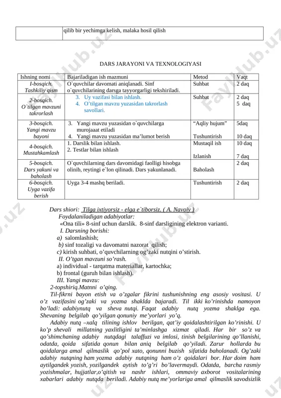 oshirish. o`quvchi: yangi bilimlarni egallaydi, yakka holatda va guruh bo`lib ishlashni o`rganadi. o`z-o`zini nazorat qilishni o`rganadi, tasavvuri kuchayadi. kelgusi rejalar: o`qituvchi: pedagogik texnologiyalarni o`zlashtirish va darsda tatbiq etish, takomillashtirish, o`z ustida ishlash. pedagogik mahoratni oshirish. o`quvchi: mustaqil ishlashni o`rganish. o`z harakatlarini aniq bajara olish, shu mavzu asosida qo`shimcha materiallar topish, uni o`rganish, o`z fikrini, gurux fikrini tahlil qilib bir yechimga kelish, malaka hosil qilish dars jarayoni va texnologiyasi ishning nomi bajariladigan ish mazmuni metod vaqt i-bosqich. tashkiliy qism o`quvchilar davomati aniqlanadi. sinf o`quvchilarining darsga tayyorgarligi tekshiriladi. suhbat 2 daq 2-bosqich. o`tilgan mavzuni takrorlash 3. uy vazifasi bilan ishlash. 4. o’tilgan mavzu yuzasidan takrorlash savollari. suhbat 2 daq 5 daq 3-bosqich. yangi mavzu bayoni 3. yangi mavzu yuzasidan o`quvchilarga murojaaat etiladi 4. yangi mavzu yuzasidan ma’lumot berish “aqliy hujum” tushuntirish 5daq 10 daq 4-bosqich. mustahkamlash 1. darslik bilan ishlash. 2. testlar bilan ishlash mustaqil ish izlanish 10 daq 7 daq 5-bosqich. …