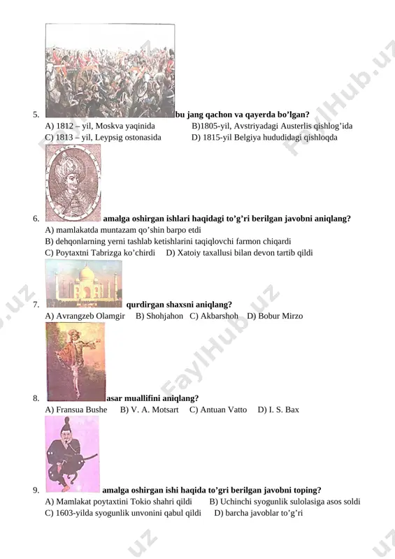_________________________________________________________________________________________________________________________________________________________________________________________________________________________________________________________________________________ 5. italiyaning birlashishiga xizmati beqiyos uchlikni yozing? ___________________________________________________________________________________________________________________________________________________ 6. shimoliy germaniya ittifoqi konstitusiyasining muallifi kim? _________________________________________________________________________ 7. 1856-1860-yillarda xitoyga qarshi uyushtiriligan ikkinchi afyun urushining qatnashchilari? __________________________________________________________________________ 8. 1854-yilda aqsh harbiy dengiz floti qaysi sharq davlatni oshilishga majbur etdi? __________________________________________________________________________ 9. nima uchun 1757-yildan xitoy “yopiq eshiklar” siyosatini yuritdi? ___________________________________________________________________________________________________________________________________________________ 10. 1858-yilda hindistonda buyuk britaniya tomonidan o’tkazilishga majbur bo’lgan islohotlarni yozing? _____________________________________________________________________________________________________________________________________________________________________________________________________________________________ 11. xix asr birinchi yarmida ispaniya qo’lida saqlanib qolgan davlatlar? __________________________________________________________________________ 12. meksika xalq ozodlik kurashining shonli qahramonlari.............. __________________________________________________________________________ 13. “krepostnoy huquqni bekor qilish to’g’risida” gi qonunni kim va qachon imzlagan? _________________________________________________________________________ 14. 1848-yilgi inqilob natijasida fransiya qiroli qayer