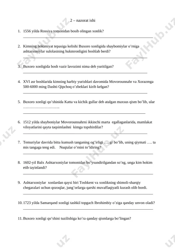 __________________________ 16. buxoro xonligi qo’shnida askar o’zini o’zi himoya qila olishda nimalar muhim rol o’ynagan? _________________________________________________________________ 17. buxoro xonligida xviii asr birinchi yarmida kim katta nufuzga ega bo’lib, barcha shahzodalar otaliqlarining boshlig’i deb tan olingan? _________________________________________________________________ 18. buxoro xonligida eng muhim mansablardan biri bo’lib, bu mansabga xon sulolasiga eng yaqin shaxslardangina tayinlangan. u xon siyosatiga fuqarolarning munosabatini o’rgangan va bu siyosatning daxlsizligini ta’minlagan? _________________________________________________________________ 19. buxoro xonligini 1681-1702 yillarda boshqargan xon kim? _________________________________________________________________ 20. buxoro xonlaridan qaysi biri markaziy hokimiyatni kuchaytirish maqsadida hatto o’z davrining eng ta’sirchan kuchi – jo’ybor shayxlarining ta’sirini kamaytirishga urindi? _________________________________________________________________ 3 nazorat ishi 1. abdullaxon ii rossiya bilan savdo aloqalarini yaxshilashga harakat qilar ekan, bu bilan qanday maqsadni ko’zlagan edi? a) podsho ivan grozniyning xonlik bilan chegaradosh sibir hududlariga bo’lgan yurishlarini to’xtatishni rejalashtirgan edi b)zamonaviy qurol-yarog’ masalasida ivan grozniydan yordam so’rashni ko’zlagan edi c)savdo aloqalarini yaxshilash orqali o’z davlatining siyosiy ahvolini mustahkamlashga erishmoqchi edi d)savdo …