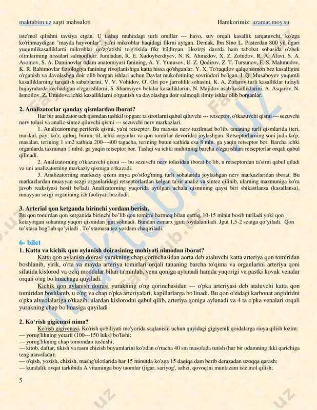 gi karbonat angidrid gazi esa alveolalarga o'tadi. buning sababi shundaki, alveolalardagi havo tarkibidagi kislorodning bosimi, qon tarkibida esa karbonat angidrid gazining bosimi yuqori bo'lishidir. òinch holatda odam bir minutda atmosfera havosidan 250---300 ml kislorod qabul qiladi. to'qimalarda gazlar almashinuvi. o'pka alveolalaridan diffuziya yo'li bilan qonga o'tgan kislorod qizil qon tanachalari --- eritrotsitlar tarkibidagi gemoglobin bilan birikib, odam tanasining barcha to'qimalariga boradi. qon bilan to'qimalar (hujayralar) o'rtasida gaz almashinuvi ham xuddi o'pka alveolalari bilan qon tomirlari o'rtasidagi gazlar almashinuviga o'xshab, diffuziya yo'li bilan boradi. qonda kislorodning bosimi yuqori bo'lganligi uchun u to'qimaga o'tadi, to'qimada esa karbonat angidrid gazining bosimi yuqori bo'lib, u qonga o'tadi. 2. bolaning o‘sishi va rivojlanish bosqichlari haqida ma’lumot bering. odam tug’ilganidan 18-yoshgacha bolalik va o’smitlik davri hisoblanadi.buning o’zi bir necha davrlarga bo’linadi. chaqaloqlik davri(tug’ilganidan 1-oylikkacha) emadigan davri,maktabgacha tarbiya yoshi,kichik maktab yoshi,katta maktab yoshiga bo’linadi.12-18 yosh o’smirlik davridir. 3. kapilyar qon ketganda birinchi yordam berish. kapillar qon tomirdan …