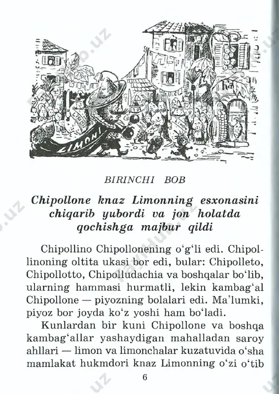 ‘r- gani hamma tomondan odamlar to‘plana bosh- ladilar. bir to‘da quvnoq bolalar yetib keldilar. ular- dan eng kichkinasi bir irg'ib tomga chiqib oldi- da, sakrab-sakrab ashula ayta boshladi: 11 uy qurdi bizning qovoq keng emas uyi biroq, oshxonada o‘ng qo‘li, yotog‘ida chap yuzi, 0 ‘rnidan tursa tikka, boshi tegadi shipga. — xudo xayringizni bersin! — deb zorlandi bechora qovoq. — xudo xayringizni bersin, se- kinroq sakrang! uyni buzib yubormang yana! lekin u tezda bolalar bilan do‘stlashib oldi va hatto ularga navbatma-navbat uyga kirish- ga ham ruxsat berdi. 0 ‘zi bo‘lsa, bolalar biror narsani sindirib qo‘ymasinlar, deb uyning yo- nida qarab turdi... kambag£al qovoq chipollinoga o£z tarixini hikoya qilib berayotganda birdan chang-to£zon ko£tarilib qoldi. kuchli dovul yaqinlashib kela- yotgandek, uylarning deraza va eshiklari qat- tiq-qattiq yopila boshladi. hatto tovuqlar, it va mushuklar ham qayerga yashirinishni bilmay, ko£chada chopib yurar edi... chipollino nima gapligini hali so‘rab ham ulgurmagan ediki, chang-to‘zon dahshatli bir …